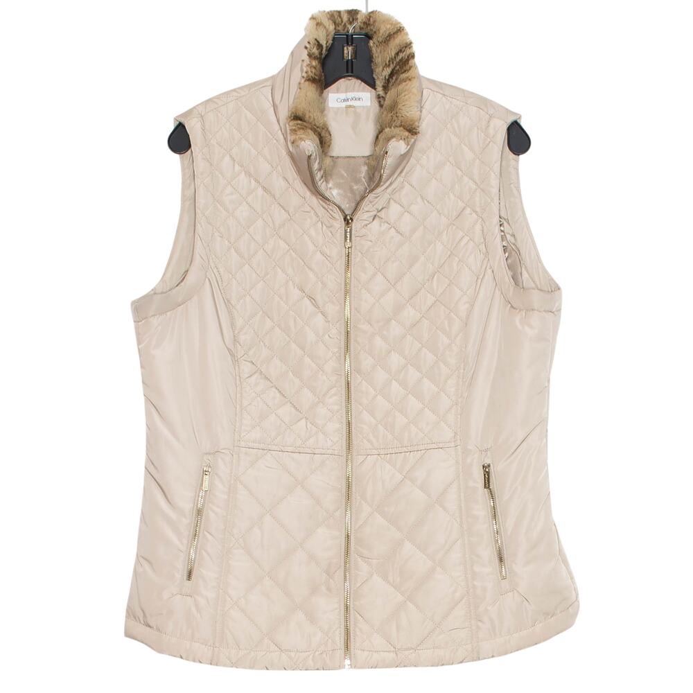 Calvin Klein Quilted Puffer Vest Faux Fur Collar Beige L Zip Neutral Minimalist